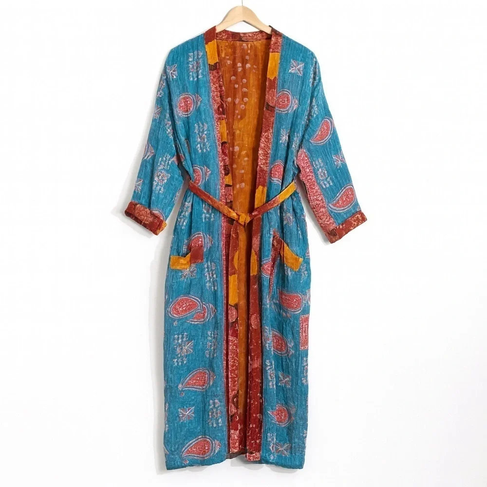 Handmade India Kantha Stitch Cotton Floral Contrast Tie Pockets Duster Cardigan